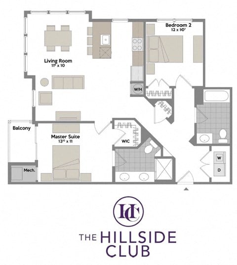 Floor plan for 2 beds, 2 baths, 1134 sqft